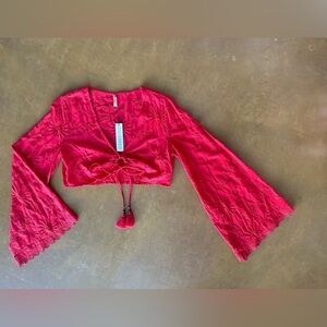 Red Eyelet Bell Sleeve Tie Crop Top / Cover Up